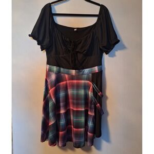 Dressfo Ruched Plaid Skater Fit and Flare Dress Punk Gothic 3XL US 14